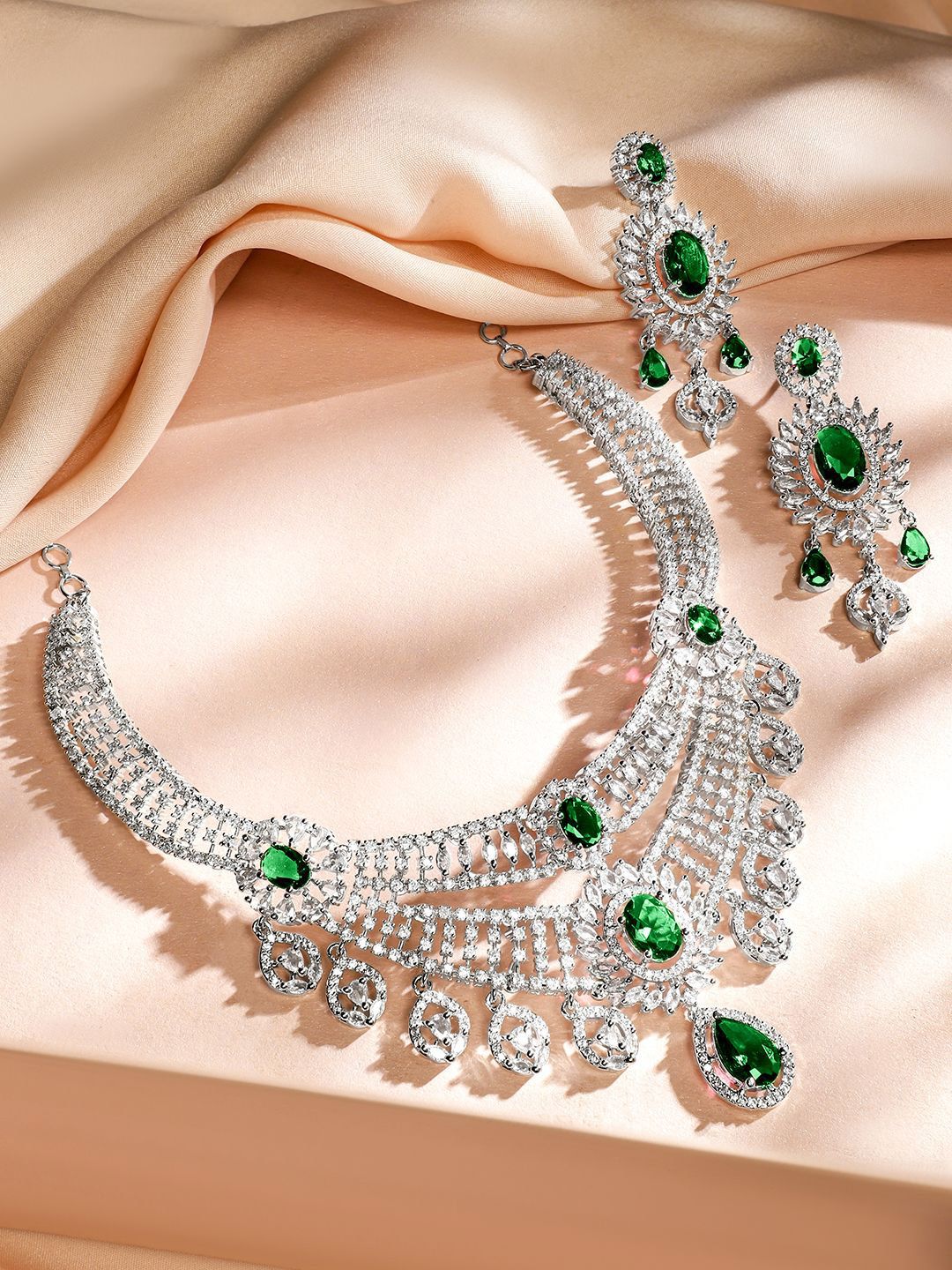 Dhiyona RJ Women's Rhodium-Plated Emerald Green & White Cubic Zirconia Layered Choker Jewellery Set