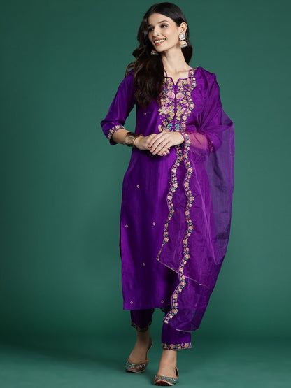 Dhiyona IE Floral Embroidered Sequinned Liva Kurta With Trousers & Dupatta