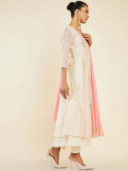 Dhiyona SO Women's Floral Embroidered A-Line Layered Pure Cotton Kurta with Trousers & Dupatta