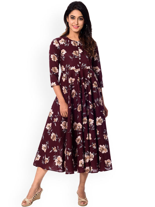 Dhiyona AY Women's Maroon Printed Fit and Flare Dress