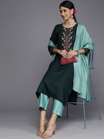 Dhiyona VA Women's Green Yoke Design Thread Work Dupion Silk Kurta with Trousers & Dupatta