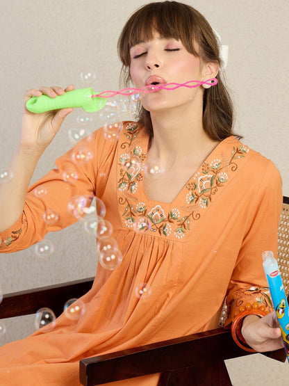 Dhiyona IE Embroidered Pure Cotton V-Neck Top With Trousers Co-Ords