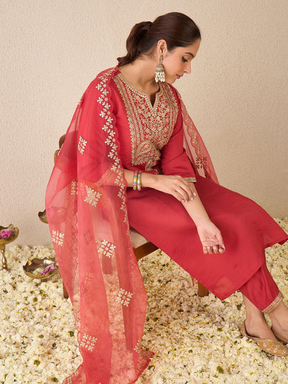 Women Ethnic Motifs Embroidered Regular Gotta Patti Kurta with Trousers & With Dupatta