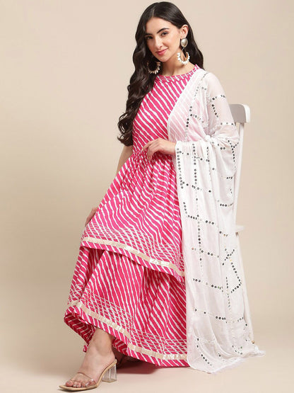 Dhiyona VA Women's Pink Leheriya Printed Mirror Work Kurti with Sharara & With Dupatta
