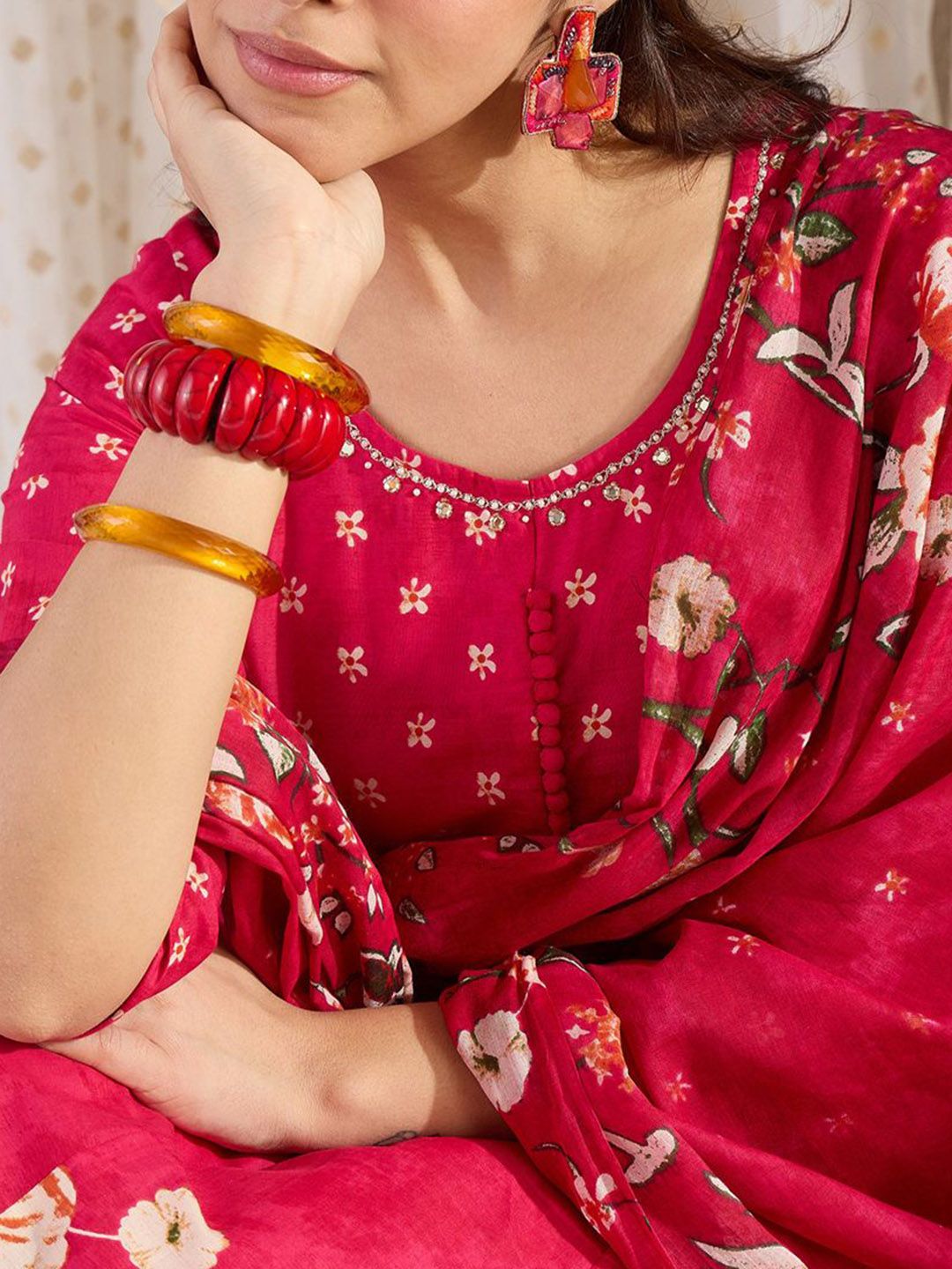 Floral Printed Pure Cotton A-Line Kurta With Trousers & Dupatta