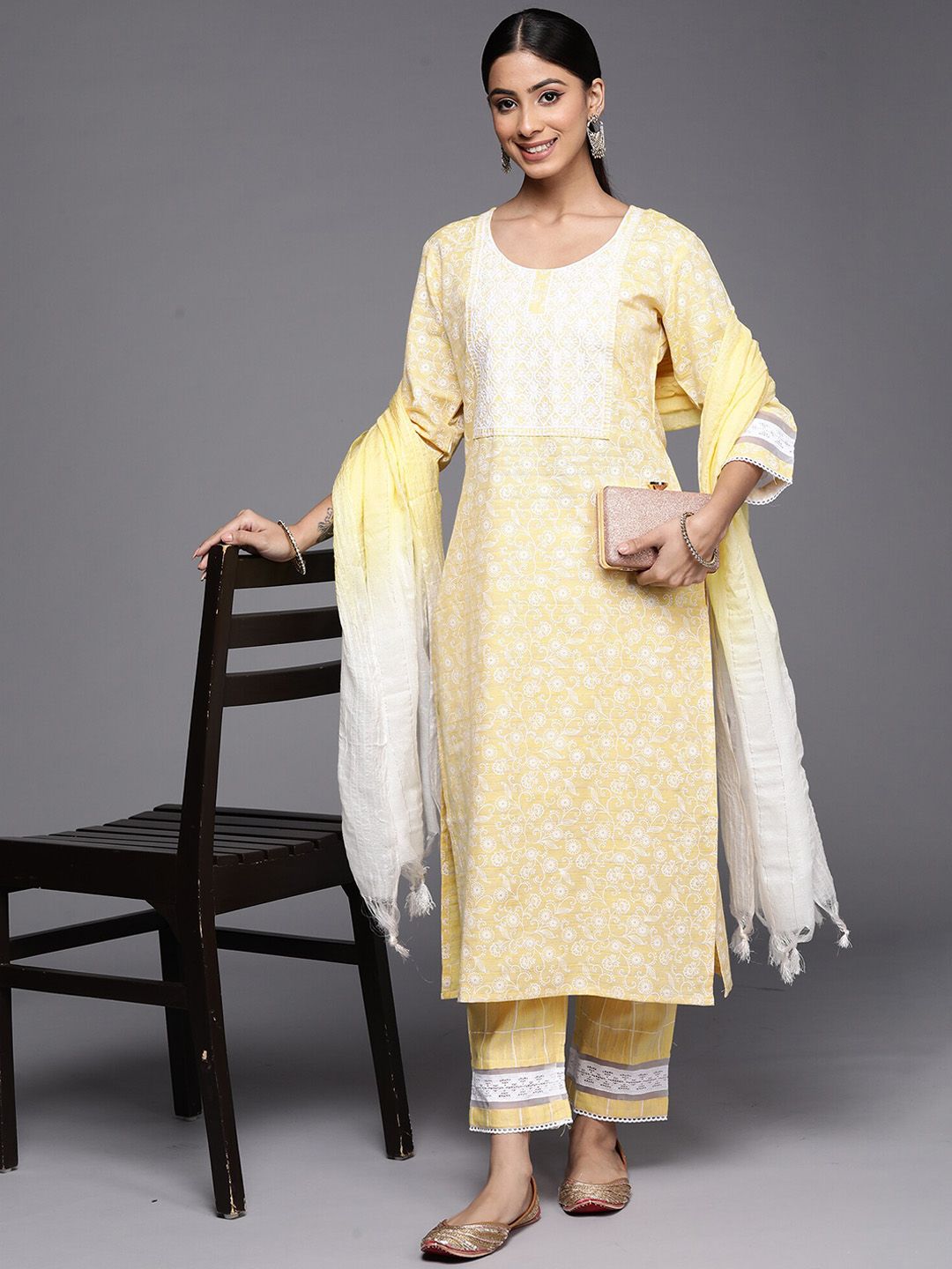 Dhiyona IE Yellow Floral Embroidered Thread Work Straight Kurta With Trousers & Dupatta
