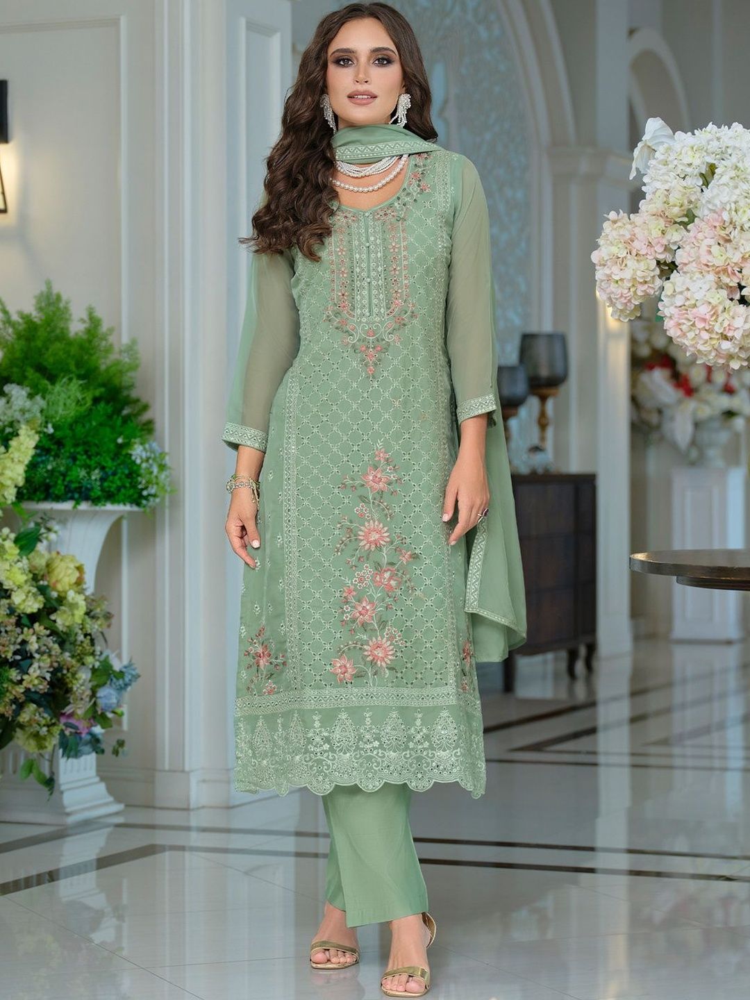 Dhiyona IE Women Floral Embroidered Kurta with Trousers & Dupatta