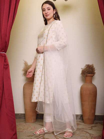 Dhiyona PD Women Embroidered Printed Round Neck Three-Quarter Sleeves Straight Kurta Set