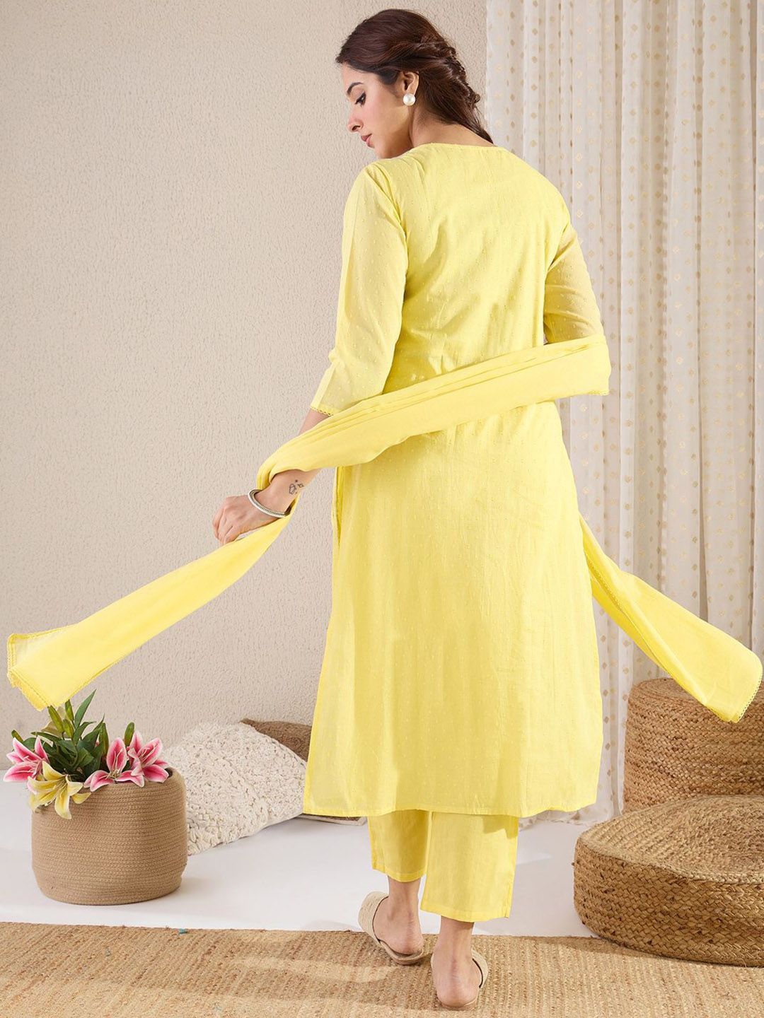 Dhiyona IE Women Floral Embroidered Cotton Kurta with Trousers & Dupatta