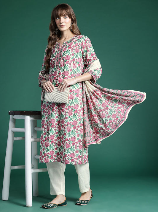 Dhiyona IE Floral Printed Regular Pure Cotton Kurta with Trousers & Dupatta