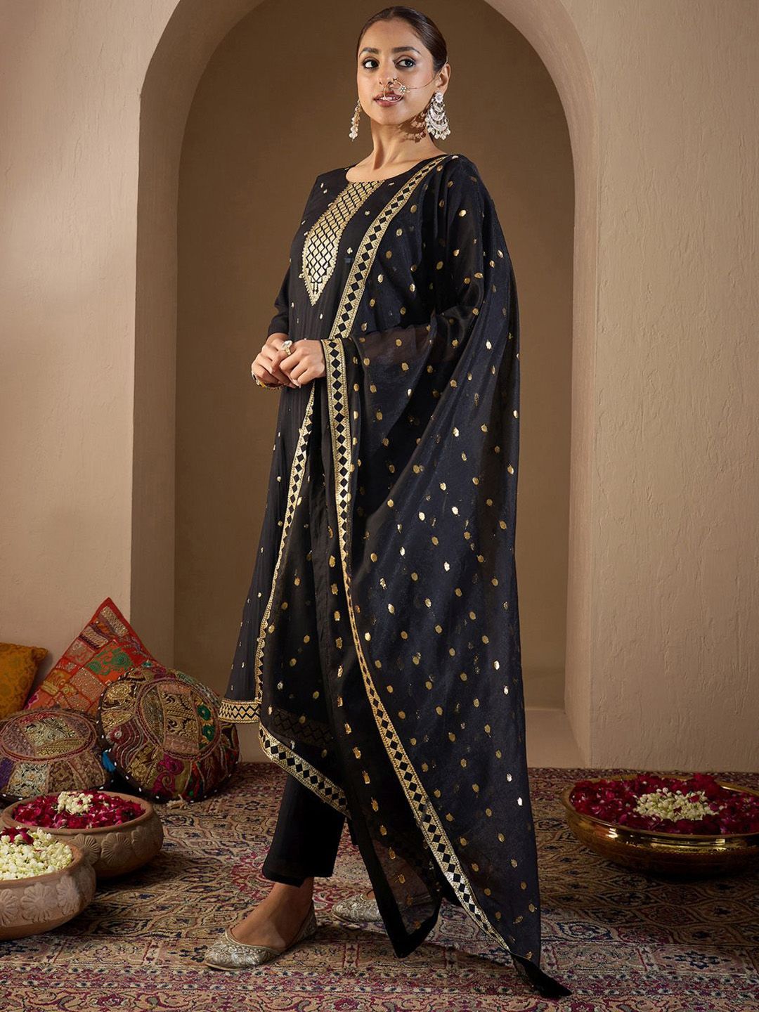 Women Ethnic Motifs Embroidered Regular Sequinned Kurta with Trousers & With Dupatta