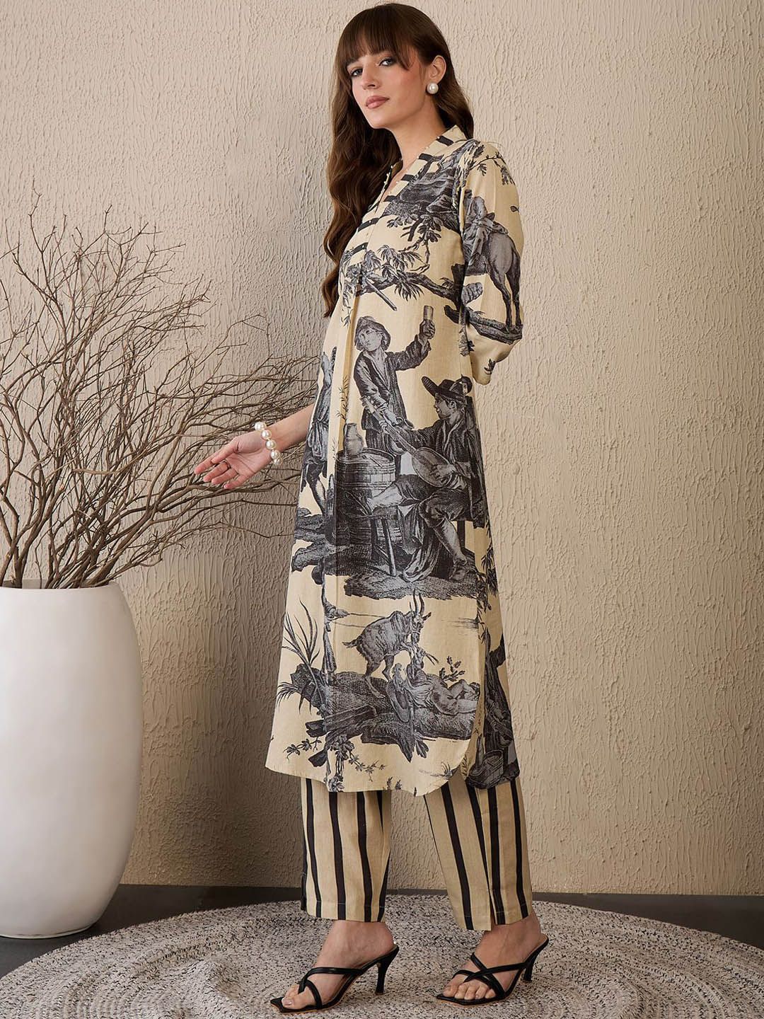 Women Printed Regular Linen Kurta with Trousers