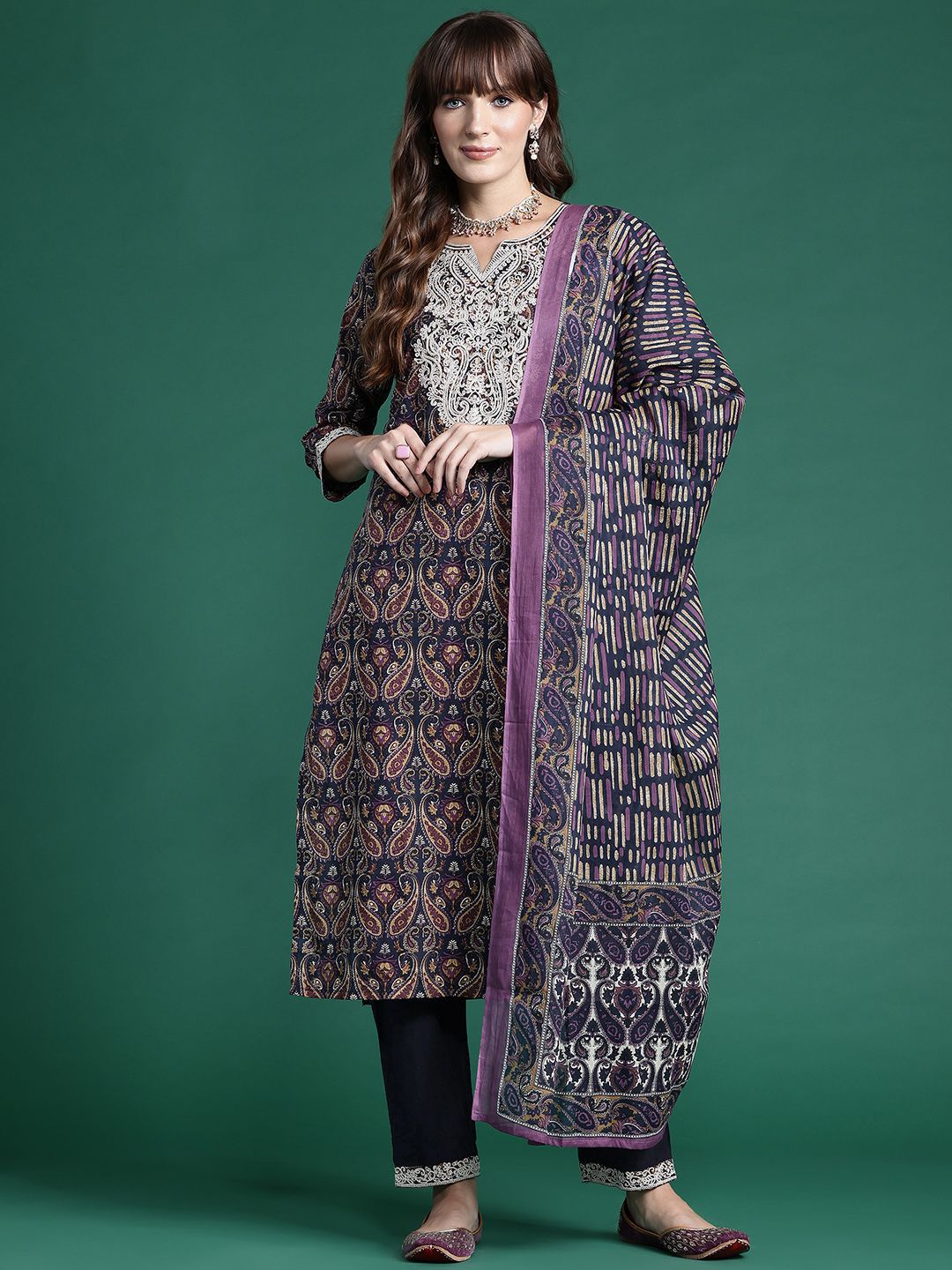 Paisley Printed Thread Work Pure Cotton Kurta With Trousers & Dupatta