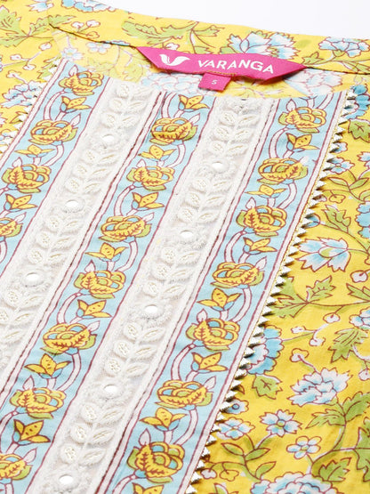 Dhiyona VA Women's Yellow Floral Printed Pure Cotton Kurta with Trousers & With Dupatta