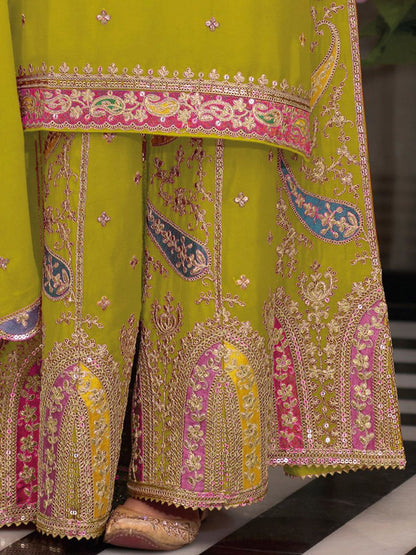 Embroidered Sequinned Kurta With Palazzos & Dupatta