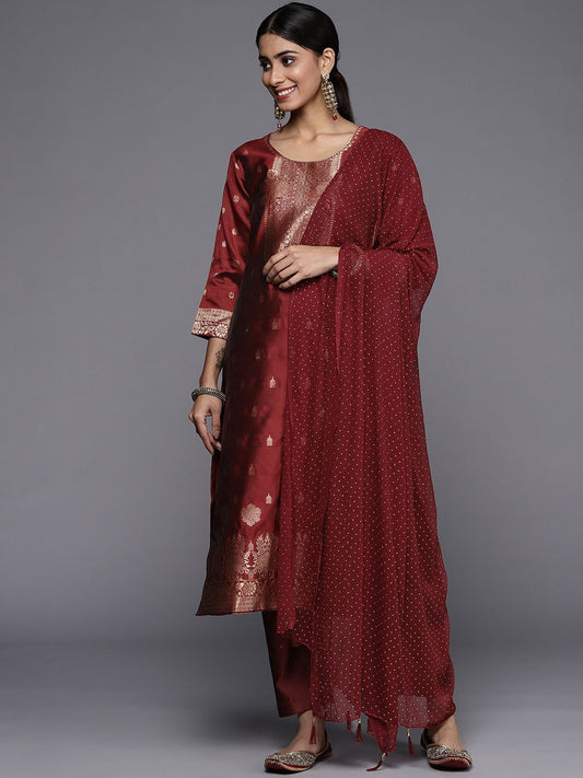 Dhiyona VA Women'sFloral Zari Woven Design Round Neck Kurta with Trousers & with Dupatta