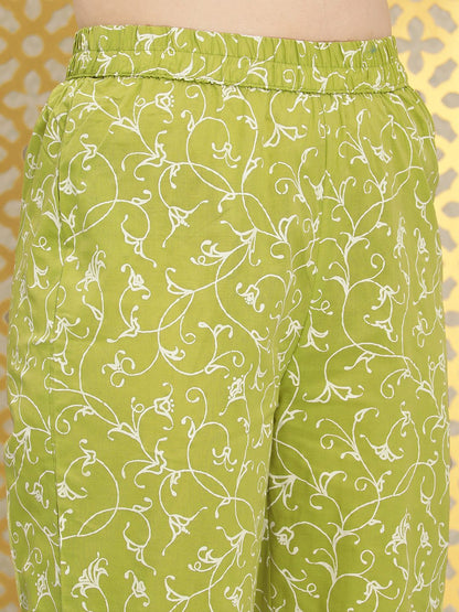 Dhiyona OD  Women Green Ethnic Motifs Printed Panelled Pure Cotton Kurta with Trousers & With