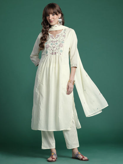 Dhiyona IE Floral Embroidered Pure Cotton Kurta with Trousers & Dupatta