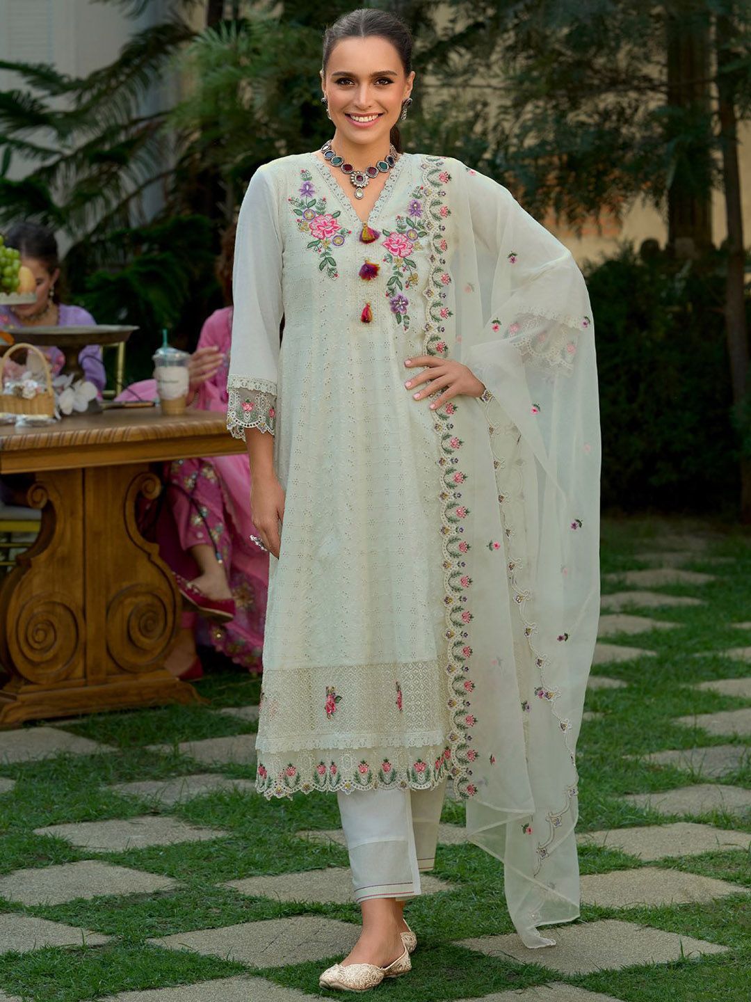 Floral Yoke Design Thread Work Pure Cotton Anarkali Kurta Wth Trousers & Dupatta