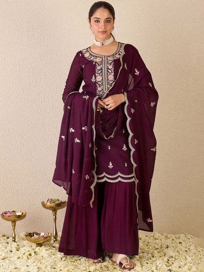 Dhiyona IE Women Ethnic Motifs Embroidered Regular Sequinned Kurta with Sharara & With Dupatta