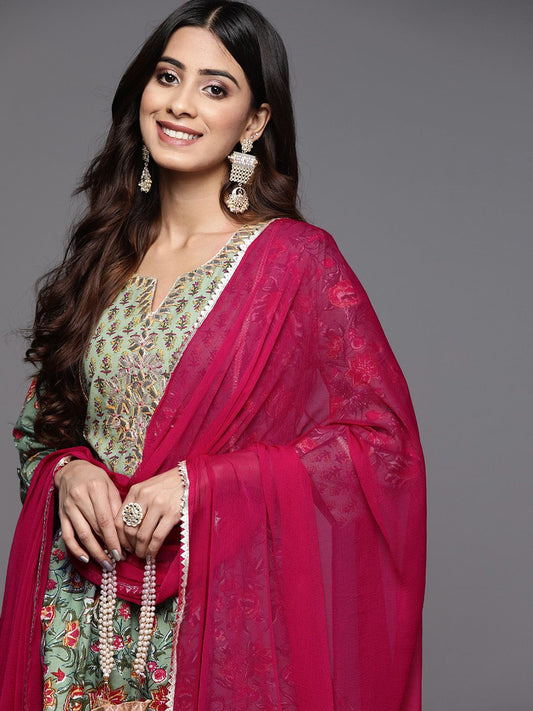 Dhiyona VA Women'sGreen & Pink Floral Print Pure Cotton Kurta with Trousers & With Dupatta