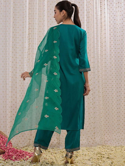 Dhiyona IE Ethnic Motifs Embroidered Round Neck Straight Kurta with Trousers & Dupatta
