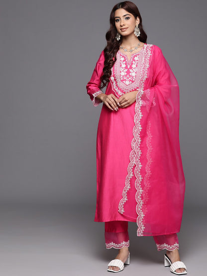 Dhiyona IE Floral Zari Embroidered Liva Kurta with Trousers & Dupatta