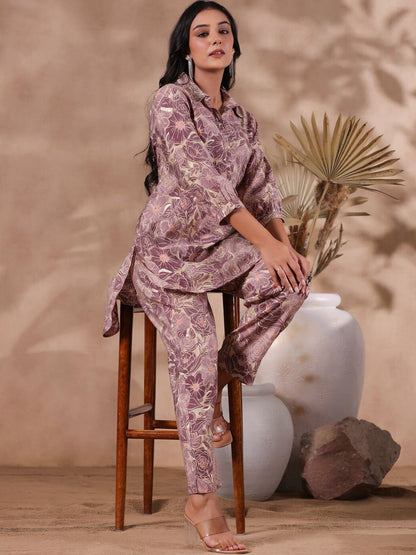 Dhiyona IS Women's Floral Printed Shirt Collar Puff Sleeve Beads and Stones Silk Blend Kurta Set