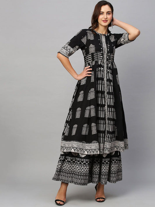Dhiyona SN Women's Ethnic Motifs Printed Pure Cotton A Line Kurta With Palazzos