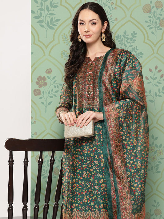 Dhiyona VA Women's Ethnic Motifs Printed Regular Chanderi Cotton Kurta with Trousers & Dupatta