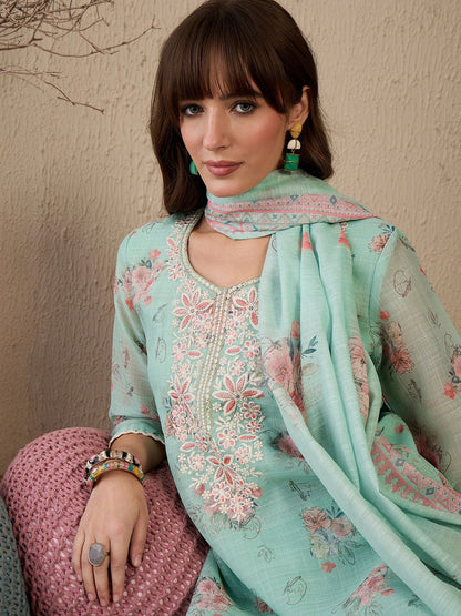 Women Floral Embroidered Regular Sequinned Linen Kurta with Trousers & With Dupatta