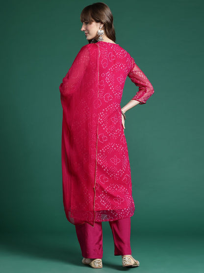 Dhiyona IE Ethnic Motifs Embroidered Regular Silk Chiffon Kurta with Trousers & Dupatta