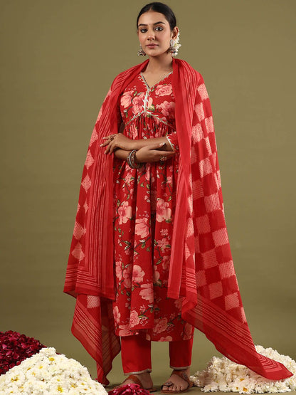 Floral Printed Empire Gotta Patti Pure Cotton Kurta with Trousers & Dupatta