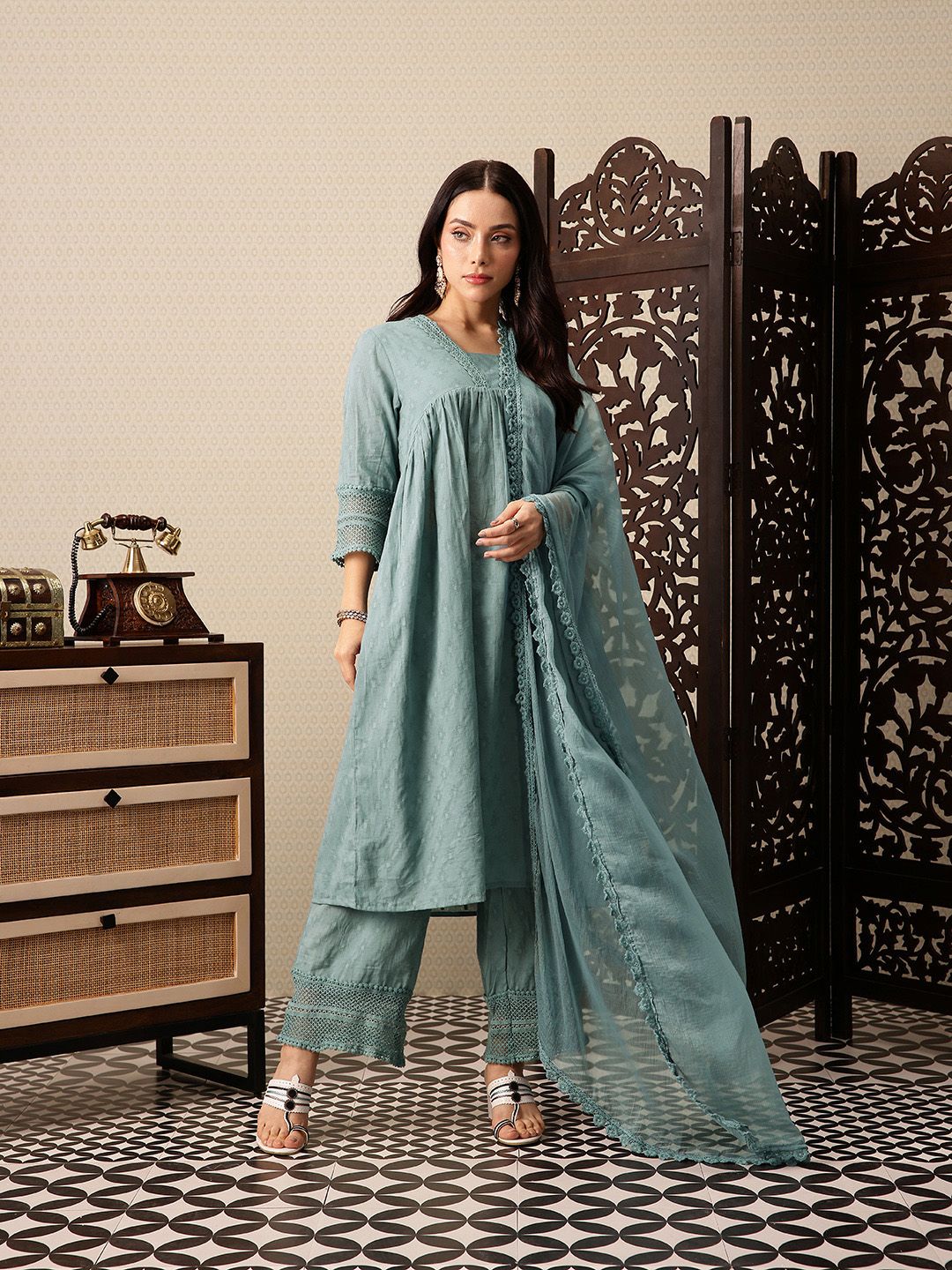 Dhiyona PD Women Empire Pure Cotton Jashn Kurta with Palazzos & Dupatta