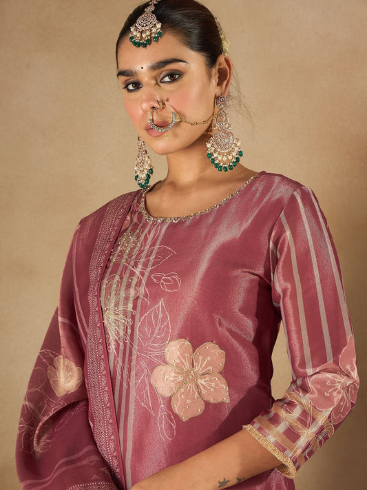 Dhiyona IE Floral Printed Sequinned Straight Kurta With Trousers And Dupatta