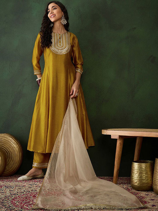 Dhiyona SN Women's Mustard Yellow Floral Embroidered Zari A-line Kurta With Trousers & Dupatta