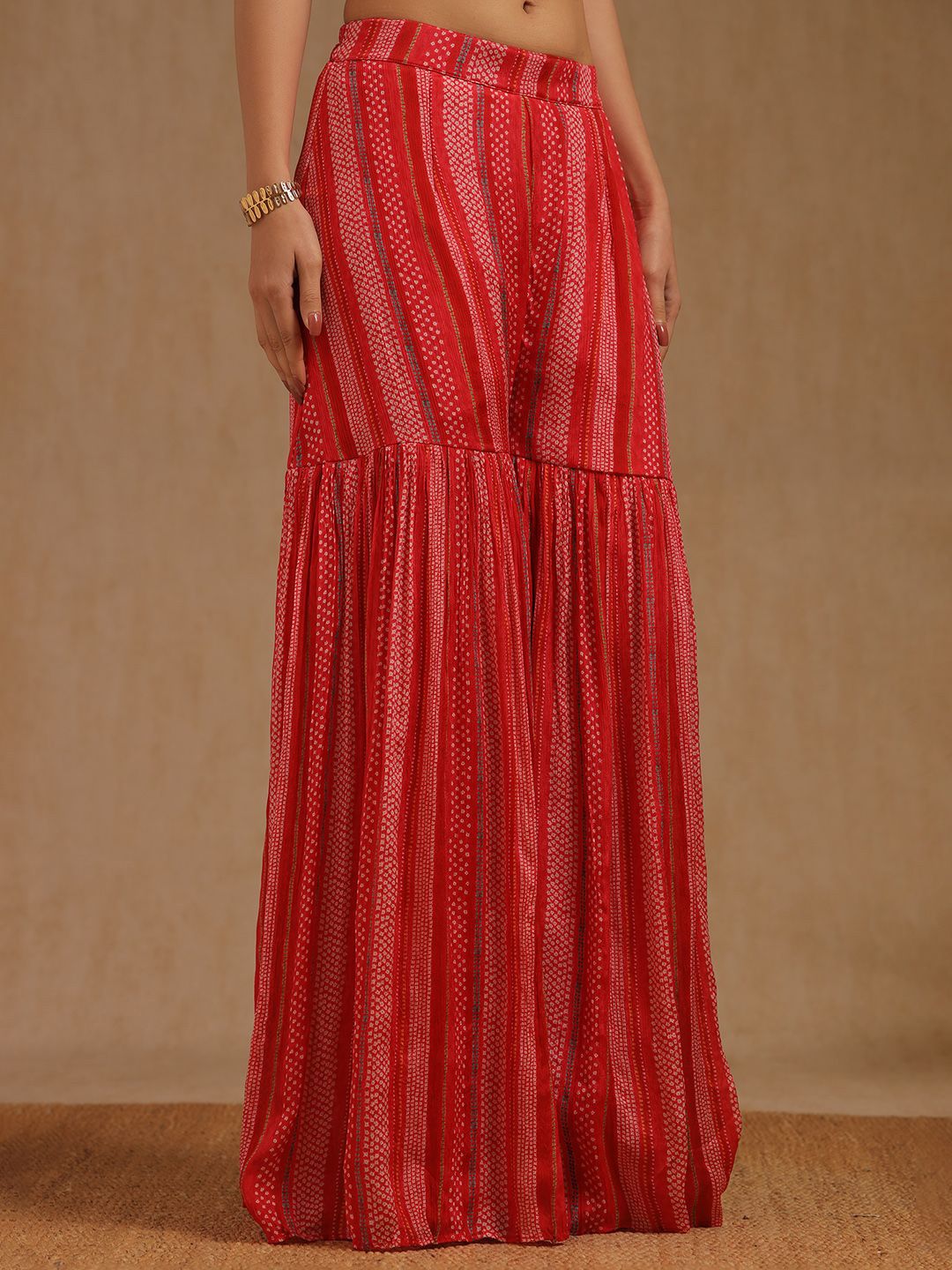 Dhiyona SO Women's Women Bandhani Printed Zardozi Sleeveless Straight Kurta with Sharara & Dupatta