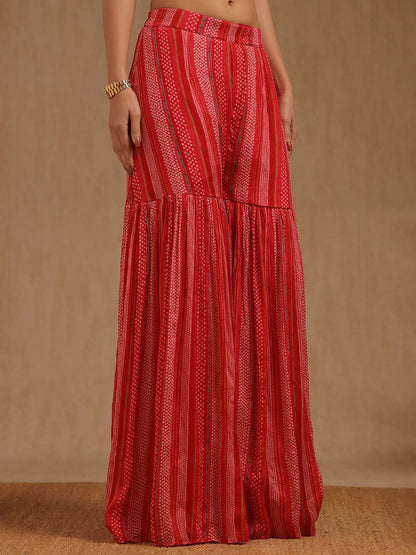 Dhiyona SO Women's Women Bandhani Printed Zardozi Sleeveless Straight Kurta with Sharara & Dupatta