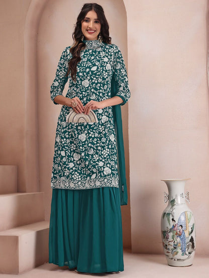 Dhiyona IN Floral Embroidered Regular Thread Work Kurta with Sharara & Dupatta