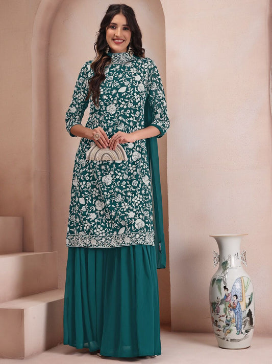 Dhiyona IN Floral Embroidered Regular Thread Work Kurta with Sharara & Dupatta