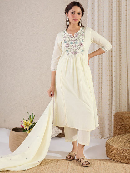 Women Floral Embroidered Cotton Kurta with Trousers & Dupatta