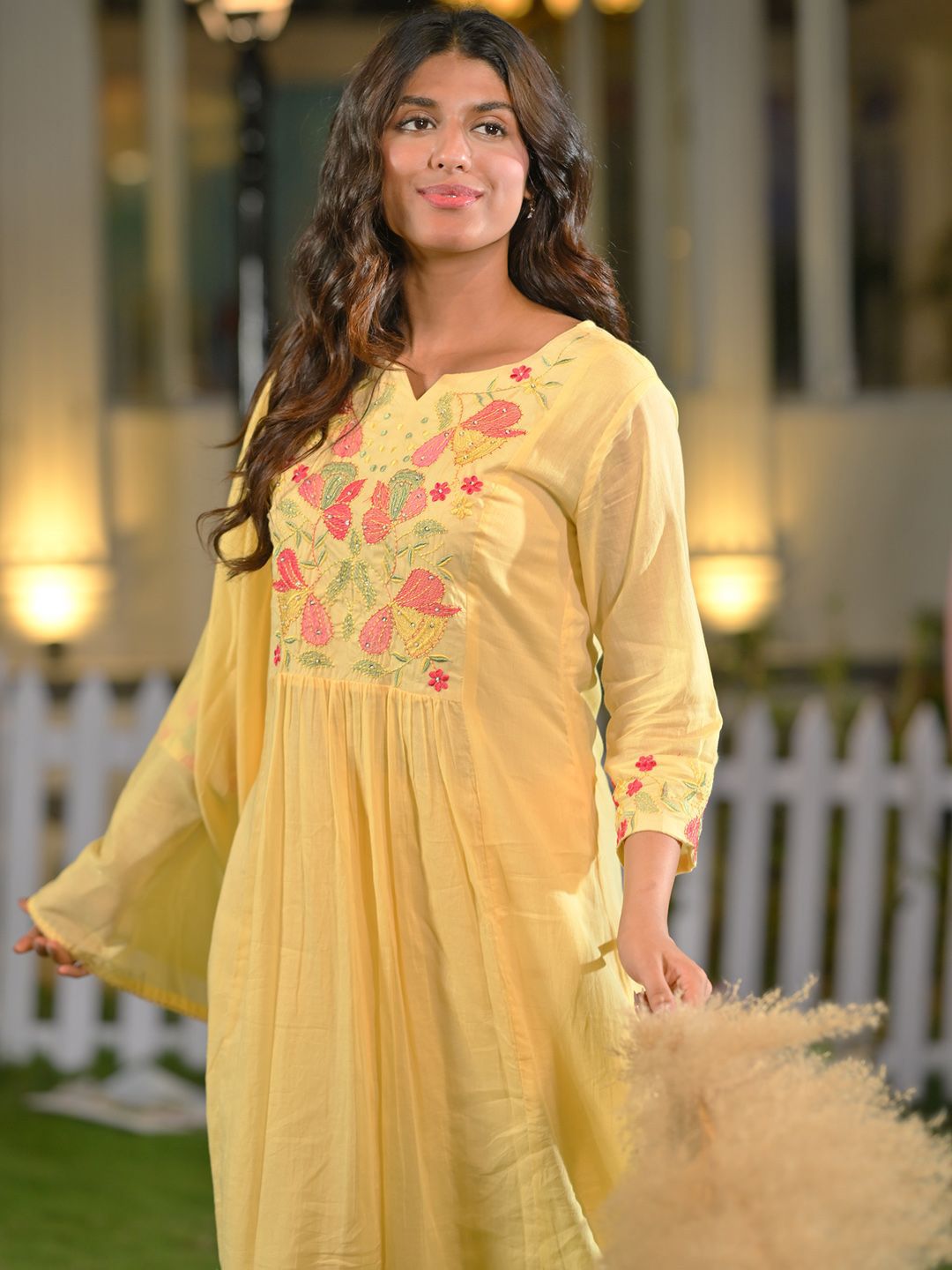 Floral Yoke Design Thread Work Pure Cotton A-Line Kurta With Trousers & Dupatta