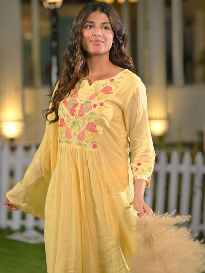 Floral Yoke Design Thread Work Pure Cotton A-Line Kurta With Trousers & Dupatta