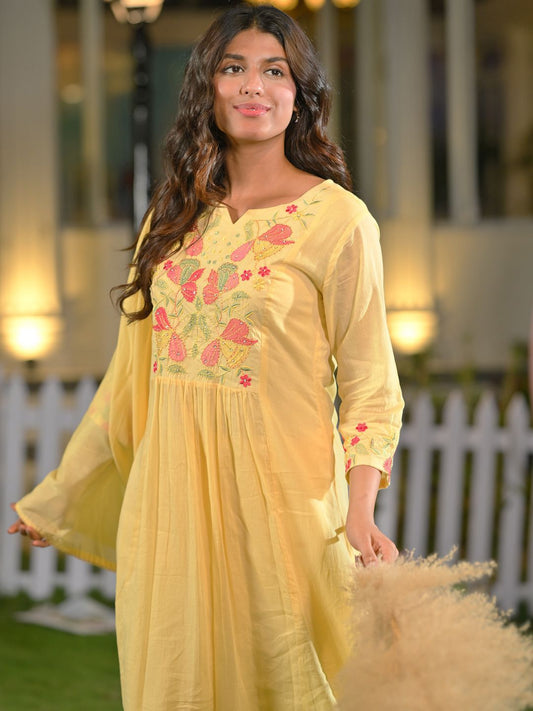 Floral Yoke Design Thread Work Pure Cotton A-Line Kurta With Trousers & Dupatta