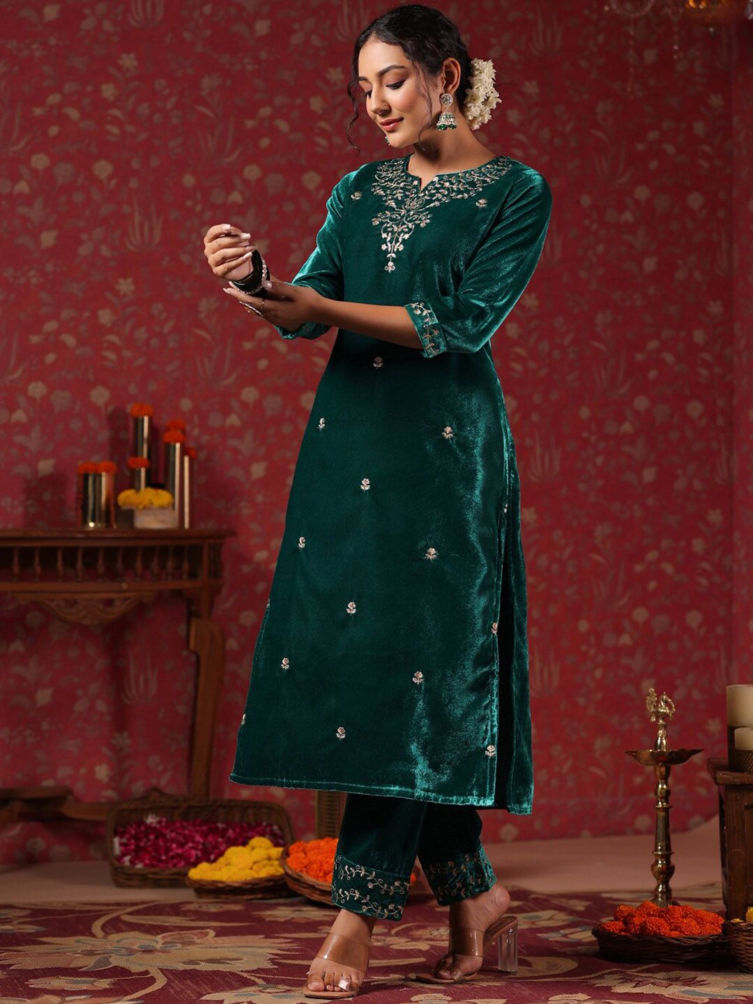 Dhiyona IS Women's Ethnic Motifs Embroidered Velvet Straight Kurta & Trousers With Dupatta