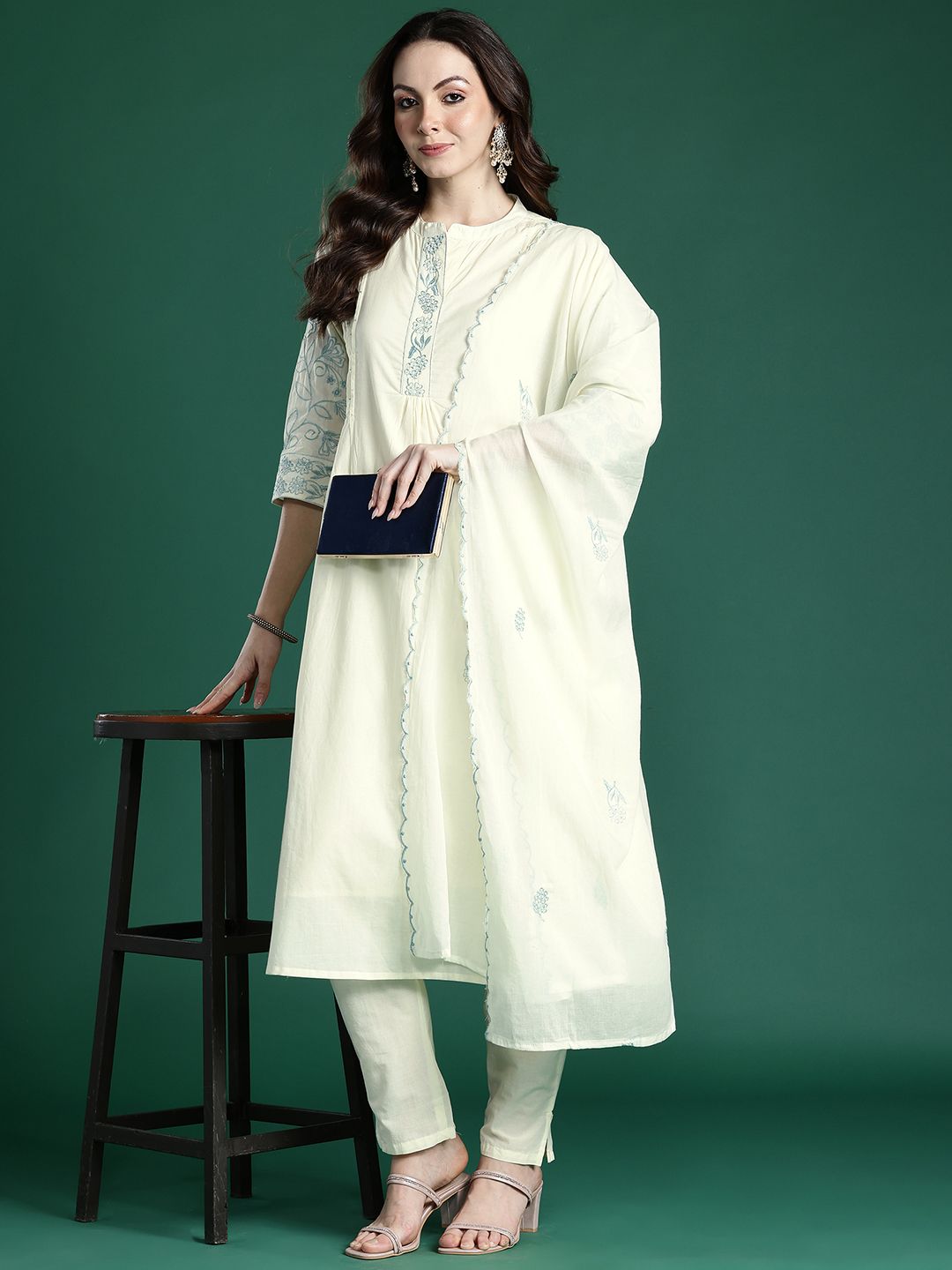 Dhiyona IE Floral Embroidered Pure Cotton Kurta with Trousers & Dupatta