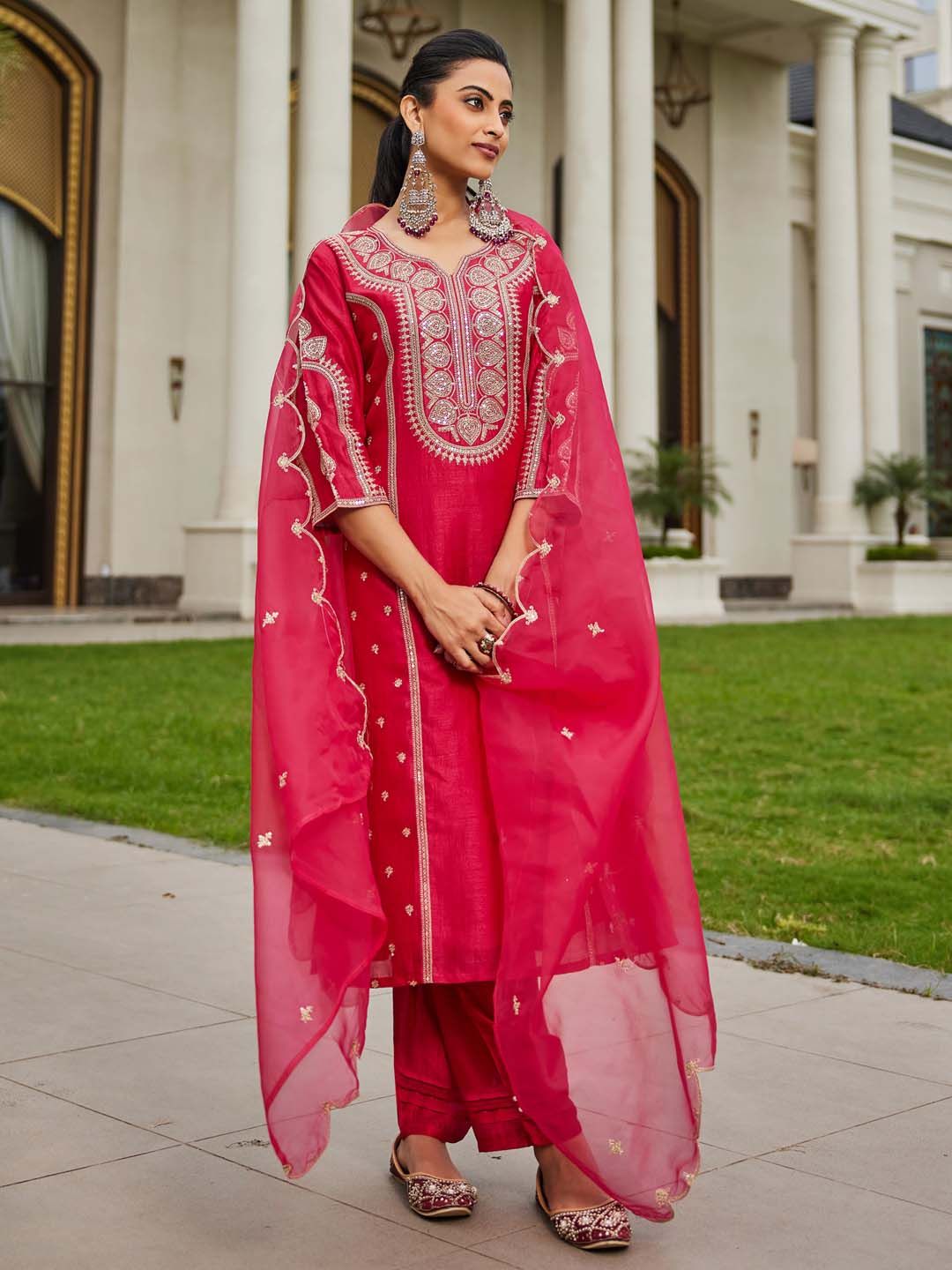 Women Ethnic Motifs Embroidered Panelled Kurta with Trousers & With Dupatta