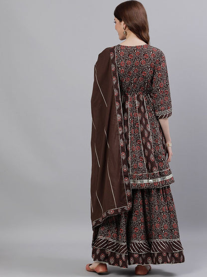 Dhiyona IS Women's Women Brown Embroidered Kurti with Sharara & Dupatta
