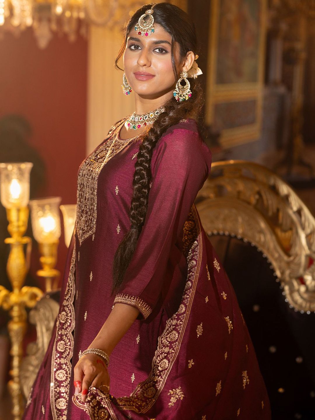 Embroidered Gotta Patti Work Round Neck Kurta With Trousers & Dupatta