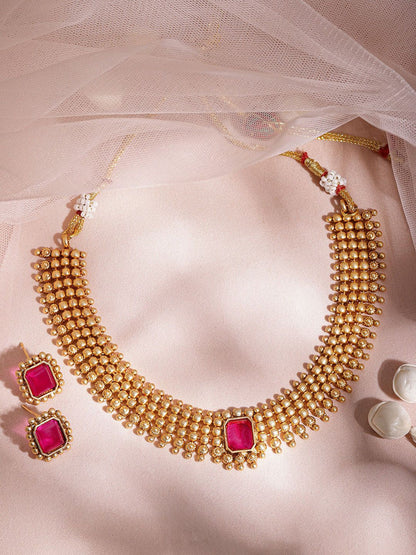 Dhiyona RJ Women's 22K Gold-Plated Ruby Stone Studded Choker Necklace Set with Gold Beads